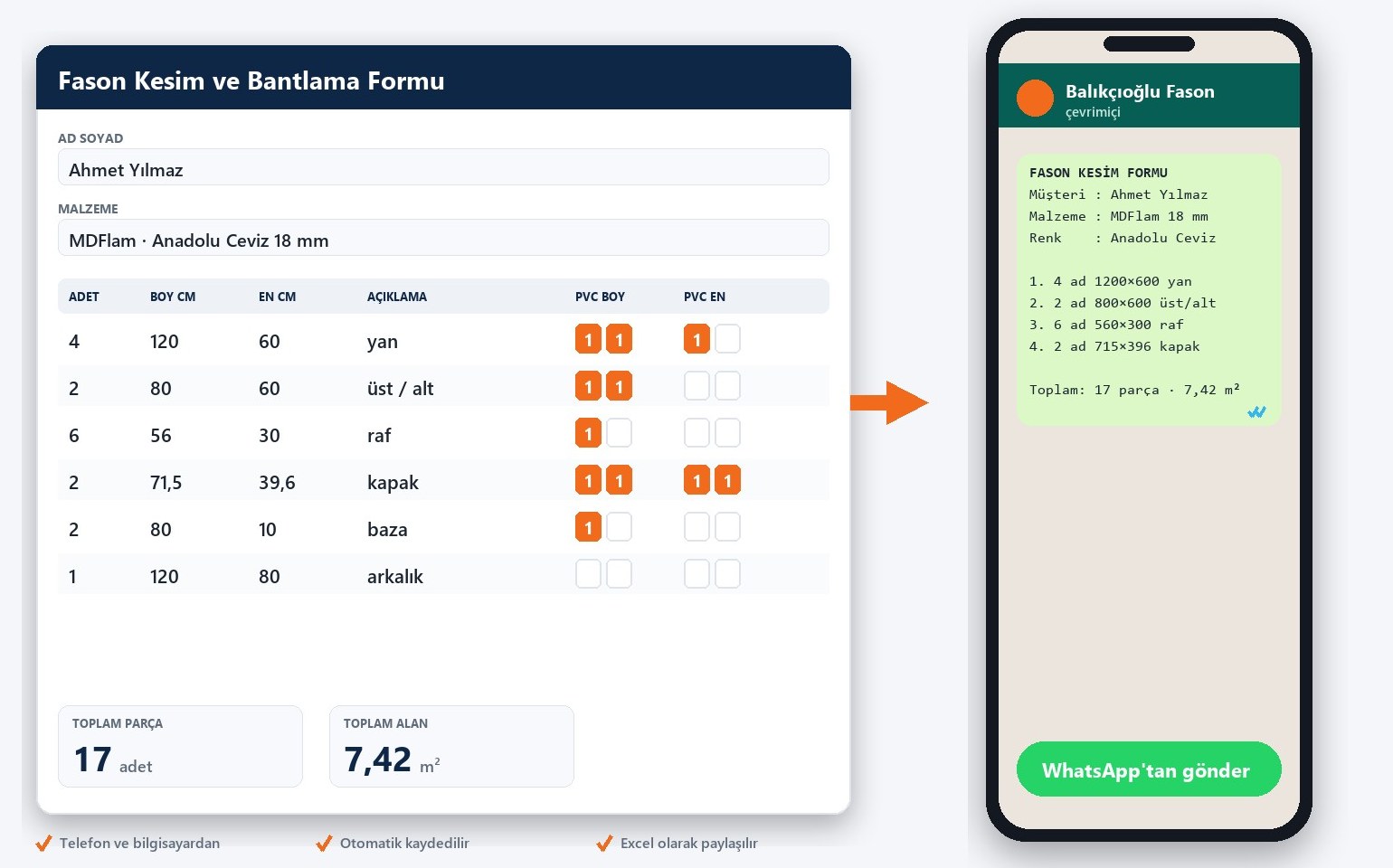 Online kesim ve bantlama formu: parça listesini doldurup WhatsApp ile gönderin
